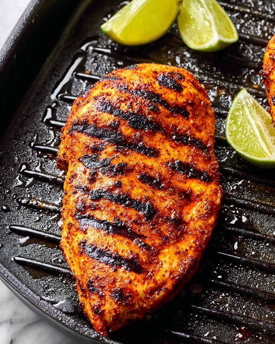 The image shows a grilled piece of seasoned chicken with a rich orange-brown color and visible black grill marks crossing the surface. The chicken sits on a black grill pan with raised lines and some oil droplets that shine under the light. Around the chicken, there are lime wedges with green skin and pale yellow-green flesh, placed near the edges of the pan. The background is a white marbled texture, which contrasts with the dark pan and bright chicken, making the colors stand out vividly. photo taken with an iphone --ar 4:5 --v 7