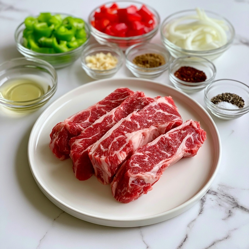 The image shows a white round plate with four thick slices of raw red meat with white marbled fat, placed on a white marbled surface. Around the plate, there are clear glass bowls arranged in a semi-circle containing different ingredients: bright green sliced bell peppers, red sliced bell peppers, thin white onion slices, minced garlic, a small bowl of light yellow oil, and five separate small bowls holding spices of various colors including brown, dark red, and a mix of black and white (salt and pepper). The bowls and plate are spaced evenly, creating a clean and organized look. Photo taken with an iphone --ar 4:5 --v 7