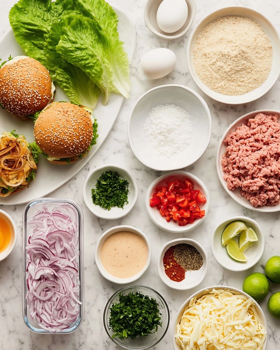 The image shows a white marbled surface with various cooking ingredients neatly arranged. On the left side, there are two toasted hamburger buns with toasted onions on top and fresh green lettuce leaves above them. Towards the center, there is a single white egg, a small white bowl of salt, a larger white bowl filled with pale breadcrumbs, a small white bowl with light beige paste, and a plastic container of light pink ground meat. Surrounding these main ingredients are multiple small white bowls containing finely chopped red onions, red diced tomatoes, chopped green herbs, pale yellow seasoning, white shredded cheese slices on a white plate, and cracked black pepper, paprika, and red chili flakes, each in separate white bowls. Two lime halves are also visible near the bottom right. Photo taken with an iphone --ar 4:5 --v 7