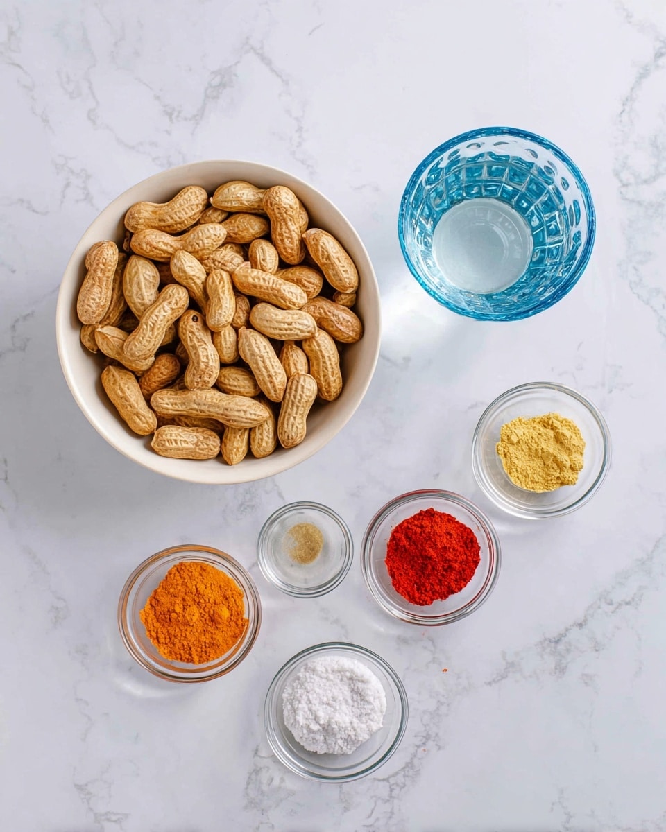 A large white bowl filled with light brown peanuts in shells sits on a white marbled surface. To the right of the bowl, there is a clear glass of water. Around these central items, there are six small clear and white bowls. Two clear blue bowls each hold a light yellow powder, one white bowl holds a red powder, another clear bowl contains a white fine powder, and two clear bowls hold varying amounts of orange powder. The setup is neatly arranged with enough space around each ingredient, all placed on a bright white marbled background photo taken with an iphone --ar 4:5 --v 7