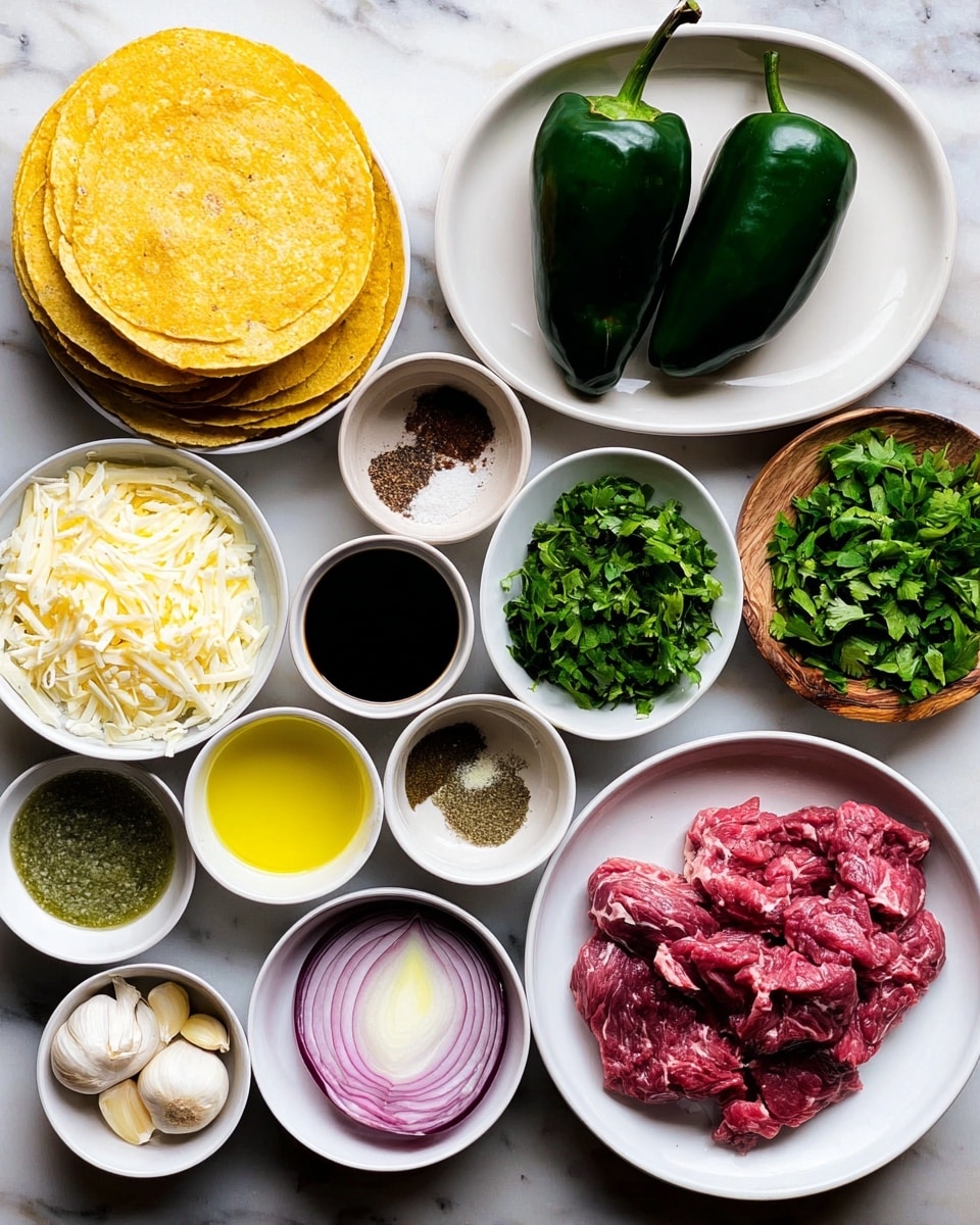 The image shows many white bowls and a white plate arranged neatly on a white marbled surface. On the top right, there is a white plate with raw red meat, next to it is a white bowl filled with bright green chopped cilantro. Above that bowl, there are two large dark green peppers on a white oval plate. To the left, a stack of round yellow corn tortillas sits on a white plate. Around these, smaller white bowls hold various ingredients: shredded white cheese, chopped purple onions, yellow cooking oil, a dark soy sauce, whole garlic cloves, green sauce, chopped fresh green herbs, ground spices, black pepper, salt, and pieces of white onion. The overall look is colorful and fresh with each ingredient clearly visible. photo taken with an iphone --ar 4:5 --v 7