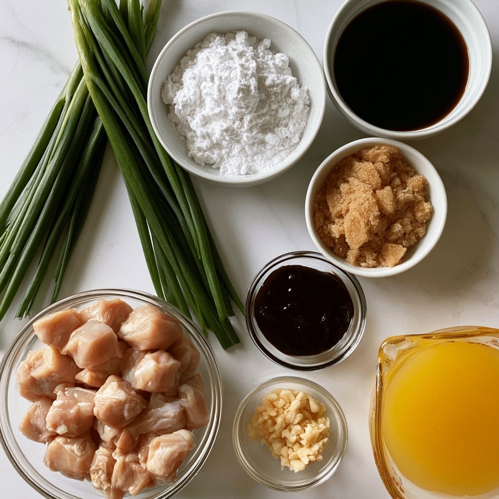 The image shows raw cubed pale pink chicken pieces in a clear bowl at the bottom left, with a bunch of long green onions above them. To the right of the green onions is a white bowl filled with white cornstarch powder. Next to it, at the top right, there is a white bowl with dark brown soy sauce. Below the soy sauce is a white bowl with light brown brown sugar, and under that, a small clear bowl with thick dark brown hoisin sauce. To the left of the hoisin sauce is a small clear bowl with minced pale beige garlic, and at the bottom right is a clear measuring cup filled with bright yellow pineapple juice. All items rest on a white marbled surface. Photo taken with an iphone --ar 4:5 --v 7