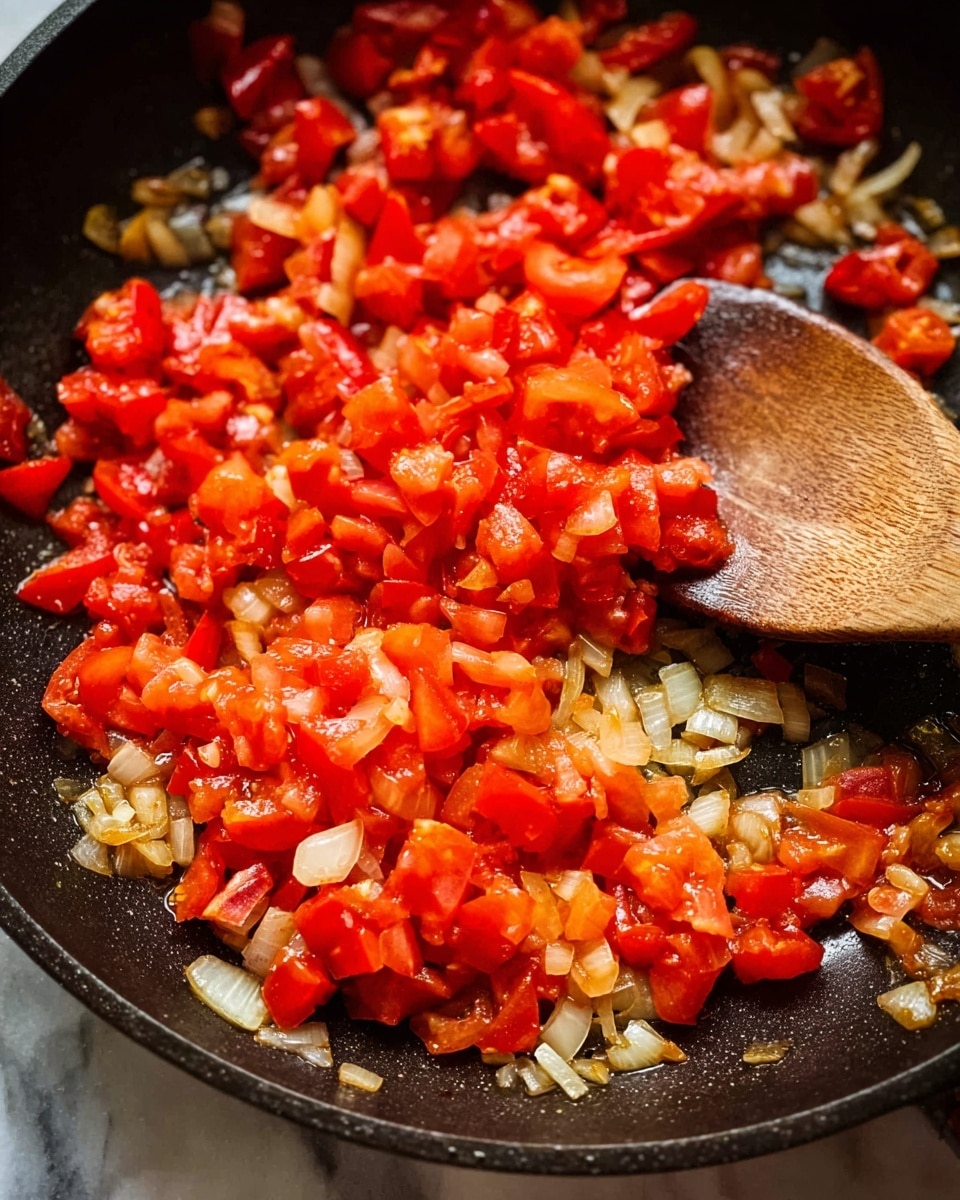 A close-up view of a black pan with chopped tomatoes and diced onions being cooked, showing a mix of bright red tomato pieces with soft textures and translucent, slightly golden onions scattered throughout. A wooden spoon rests inside the pan on the right side, partially stirring the colorful mixture, all set against a white marbled surface background. photo taken with an iphone --ar 4:5 --v 7