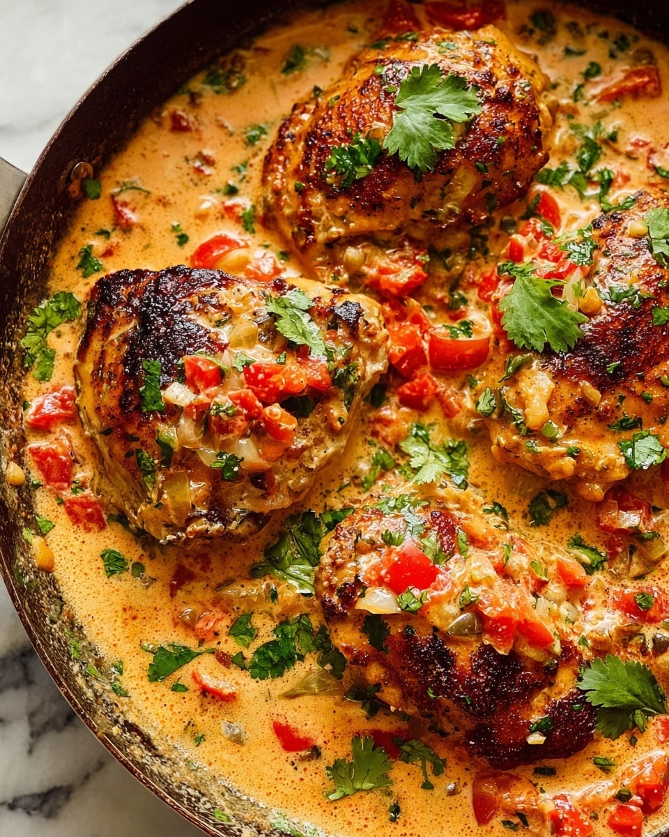 The image shows a close-up of a pan filled with four browned chicken pieces covered in a thick creamy sauce. The sauce is light orange with visible diced red tomatoes, small white onion pieces, and green herbs scattered on top. Fresh cilantro leaves are garnished around the dish adding bright green color. The chicken has a slightly charred look with crispy edges, and the sauce looks rich and smooth with chunks of vegetables inside. The pan is placed on a white marbled surface. Photo taken with an iphone --ar 4:5 --v 7