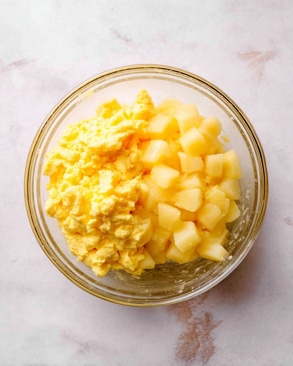 A clear glass bowl holds two layers of food on a white marbled surface. The bottom layer consists of softly mashed yellow scrambled eggs with a light, fluffy texture, covering about half the bowl. Next to the eggs, cubed pieces of pale yellow fruit, likely pineapple, fill the remaining half, showing a firm and slightly translucent texture. The two layers sit side by side without mixing, creating a clear contrast between the smooth eggs and the chunky fruit. Photo taken with an iphone --ar 4:5 --v 7