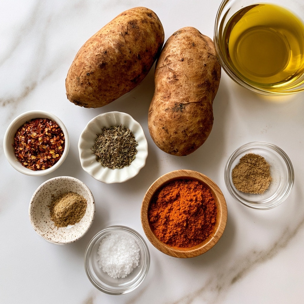 Two whole brown potatoes are placed near several small white and clear bowls with different spices and oil on a white marbled surface. The spices include red chili flakes in a white bowl, dry herbs in a white scalloped bowl, salt in a speckled bowl, and various powdered spices in small clear glass bowls. A wooden bowl holds a bright reddish spice powder, and a larger clear bowl contains golden olive oil. The items are arranged neatly in a slightly scattered pattern. photo taken with an iphone --ar 4:5 --v 7