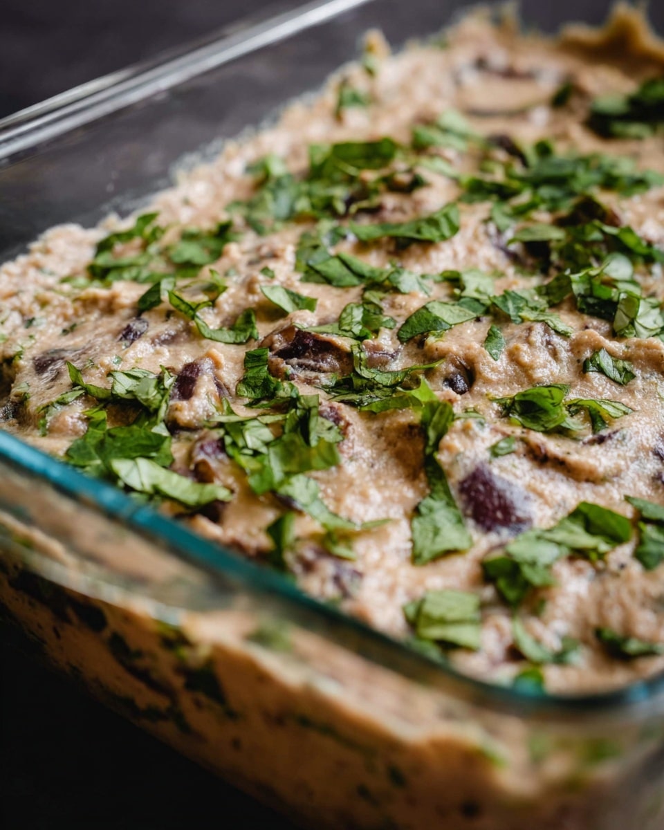 A close-up view of a glass baking dish filled with a creamy, textured mixture that looks thick and beige with hints of purple pieces mixed in, possibly mushrooms. The top layer is sprinkled with torn fresh green leafy herbs scattered unevenly, adding splashes of bright green color. The glass baking dish rests on a dark surface that is out of focus, while the textured dish filling appears rich and dense with a slightly rough surface. photo taken with an iphone --ar 4:5 --v 7
