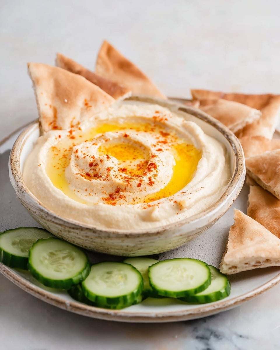 A rustic bowl holds a creamy, pale beige hummus with smooth swirls in the center, topped with a drizzle of golden olive oil and a sprinkle of red paprika dusted lightly across the surface; the bowl sits on a matching round white plate, which is garnished with fresh green cucumber slices arranged on one side and triangular pieces of pita bread leaning against the rim and lying on the plate; all this is set on a white marbled surface, creating a clean and inviting presentation. photo taken with an iphone --ar 4:5 --v 7