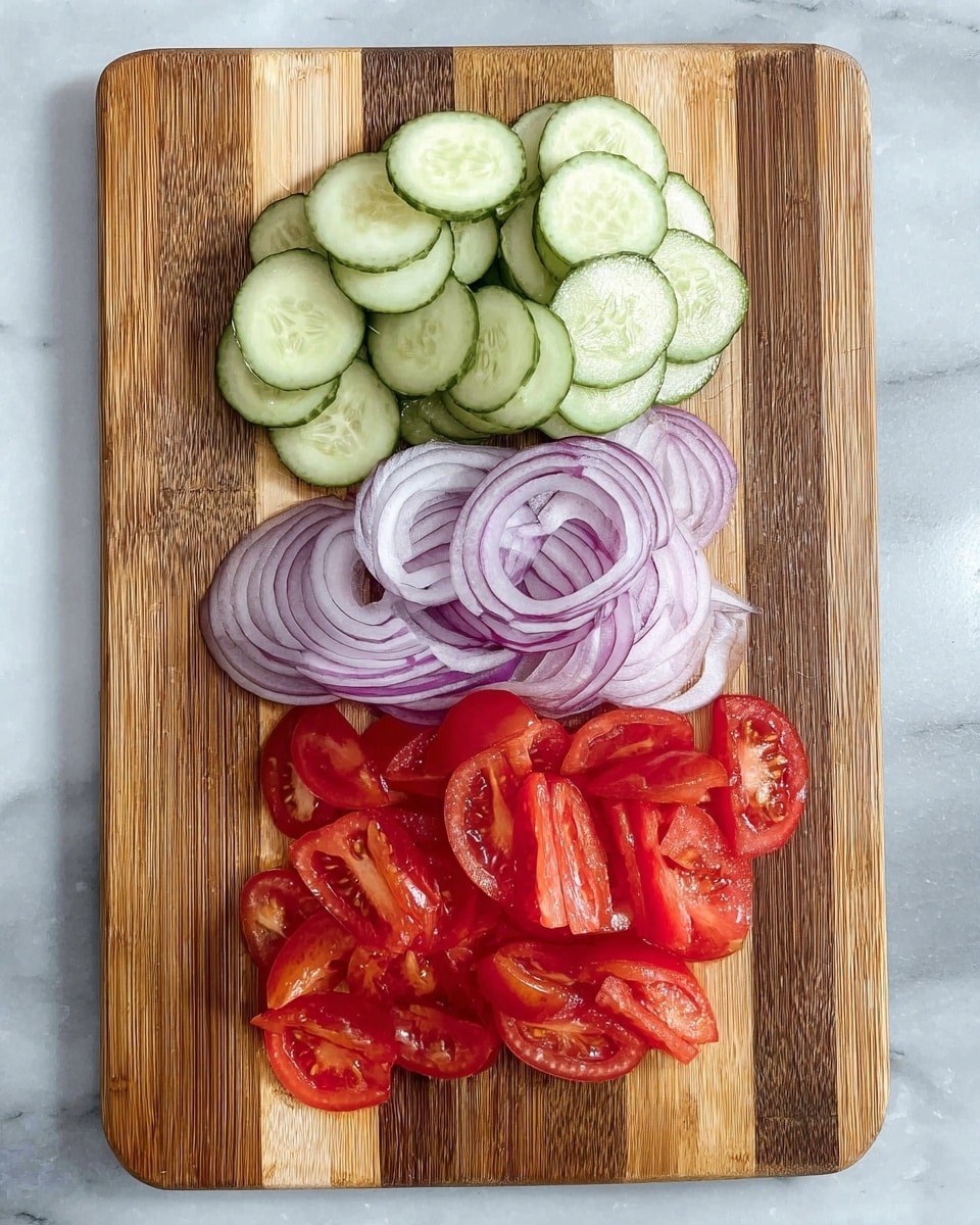 A wooden cutting board with three layers of sliced vegetables neatly arranged: at the top, a pile of light green cucumber slices with a smooth, wet texture and darker green edges, in the middle, thin curved layers of pale purple onion slices showing their rings, and at the bottom, a layer of bright red tomato slices with a juicy and shiny surface. The cutting board is placed on a white marbled texture surface. photo taken with an iphone --ar 4:5 --v 7