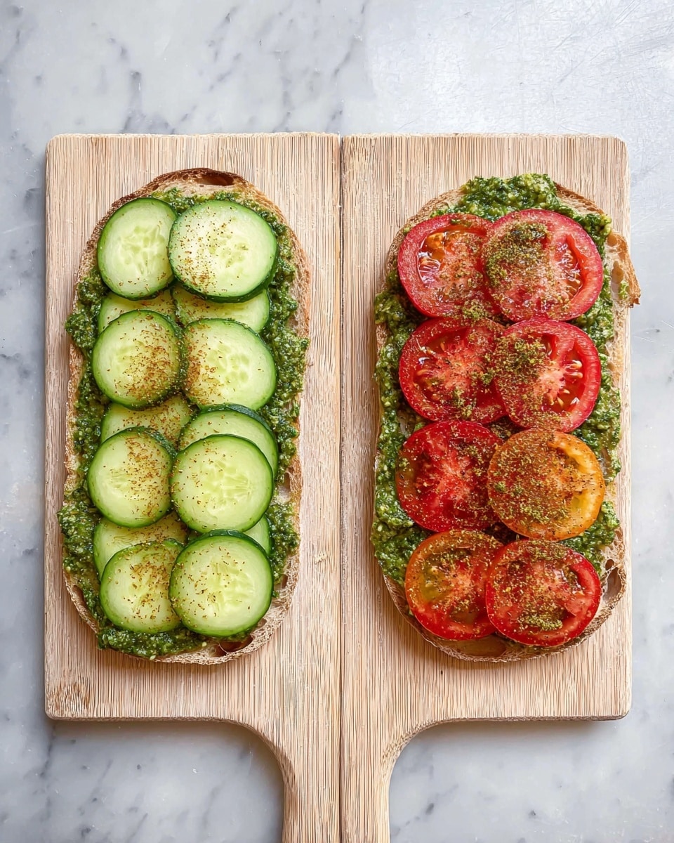 Two slices of rustic bread sit on a light wooden board with a handle, placed on a white marbled surface. Both slices share one layer of green pesto spread roughly across each piece. The left slice in the first image has a second layer of thin cucumber slices laid evenly on top, each sprinkled with a fine dusting of brown spice. In the second image, the left slice shows a second layer of thin red tomato slices evenly spread over the green pesto, also sprinkled with brown spice. The right slice in both images shows only the single layer of green pesto. Photo taken with an iphone --ar 4:5 --v 7