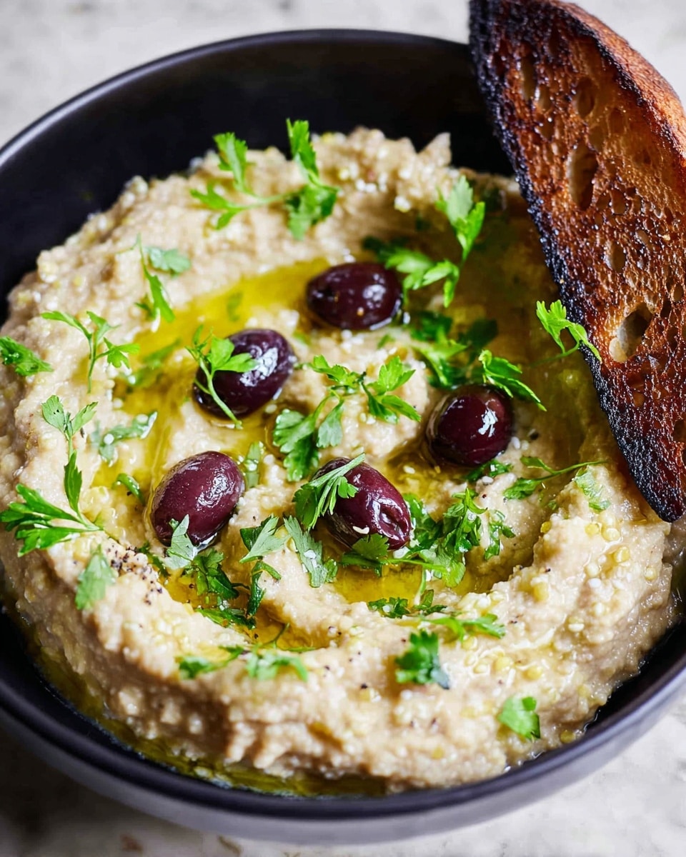 The dish shows a creamy light beige spread, textured with tiny bits, arranged in a black bowl, forming a shallow well in the center filled with glistening golden olive oil. Scattered inside this oil pool are halved dark purple olives. Bright green leafy herb sprigs, possibly parsley, are spread on top, adding a fresh look. On the right edge, a piece of toasted bread with a dark brown crust leans against the spread. The bowl sits on a white marbled surface, photo taken with an iphone --ar 4:5 --v 7
