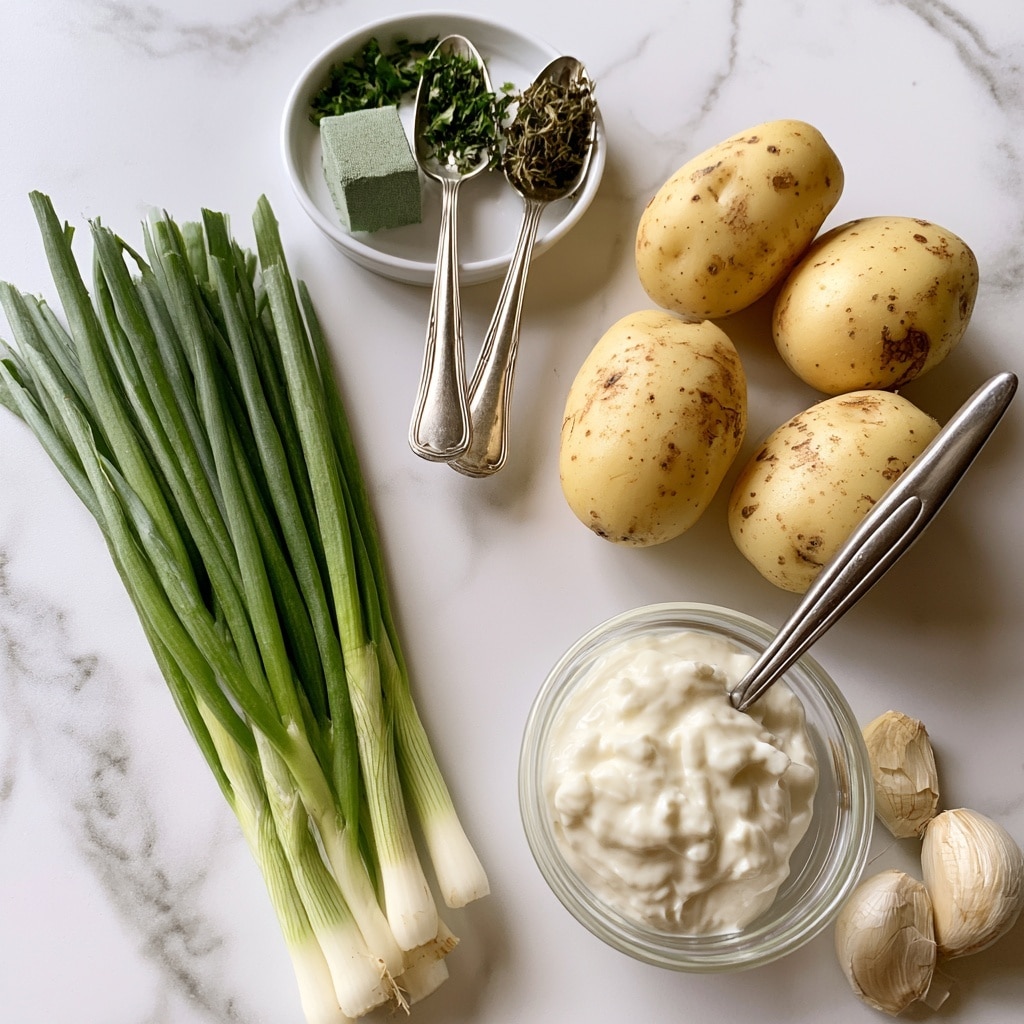 The image shows several cooking ingredients laid out on a white marbled surface. There are three light yellow potatoes with some brown spots on the right side. To the left of the potatoes is a bundle of fresh green spring onions with white ends. Above the spring onions, there is a small white dish holding a green stock cube and two silver spoons; one spoon holds dried parsley and the other holds dried thyme. At the bottom right, there is a small clear glass bowl filled with smooth sour cream, with a silver spoon inside it. Next to the glass bowl are three cloves of garlic with their skins still on. The overall look is clean and fresh with the ingredients evenly spaced and clearly visible. photo taken with an iphone --ar 4:5 --v 7