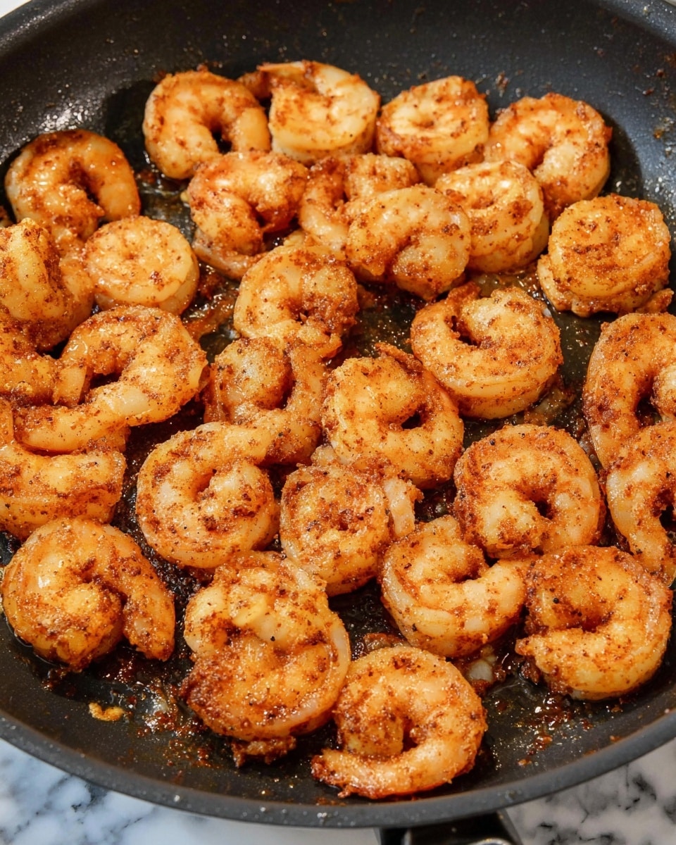 This image shows a pan full of cooked shrimp, browned with spices that give them a reddish orange color. The shrimp are curled and evenly scattered in the pan, each with a slightly crispy texture on the edges. The pan is dark and makes the bright shrimp stand out. The shrimp have a shiny glaze from the cooking oil. The surface beneath the pan is a white marbled texture. photo taken with an iphone --ar 4:5 --v 7
