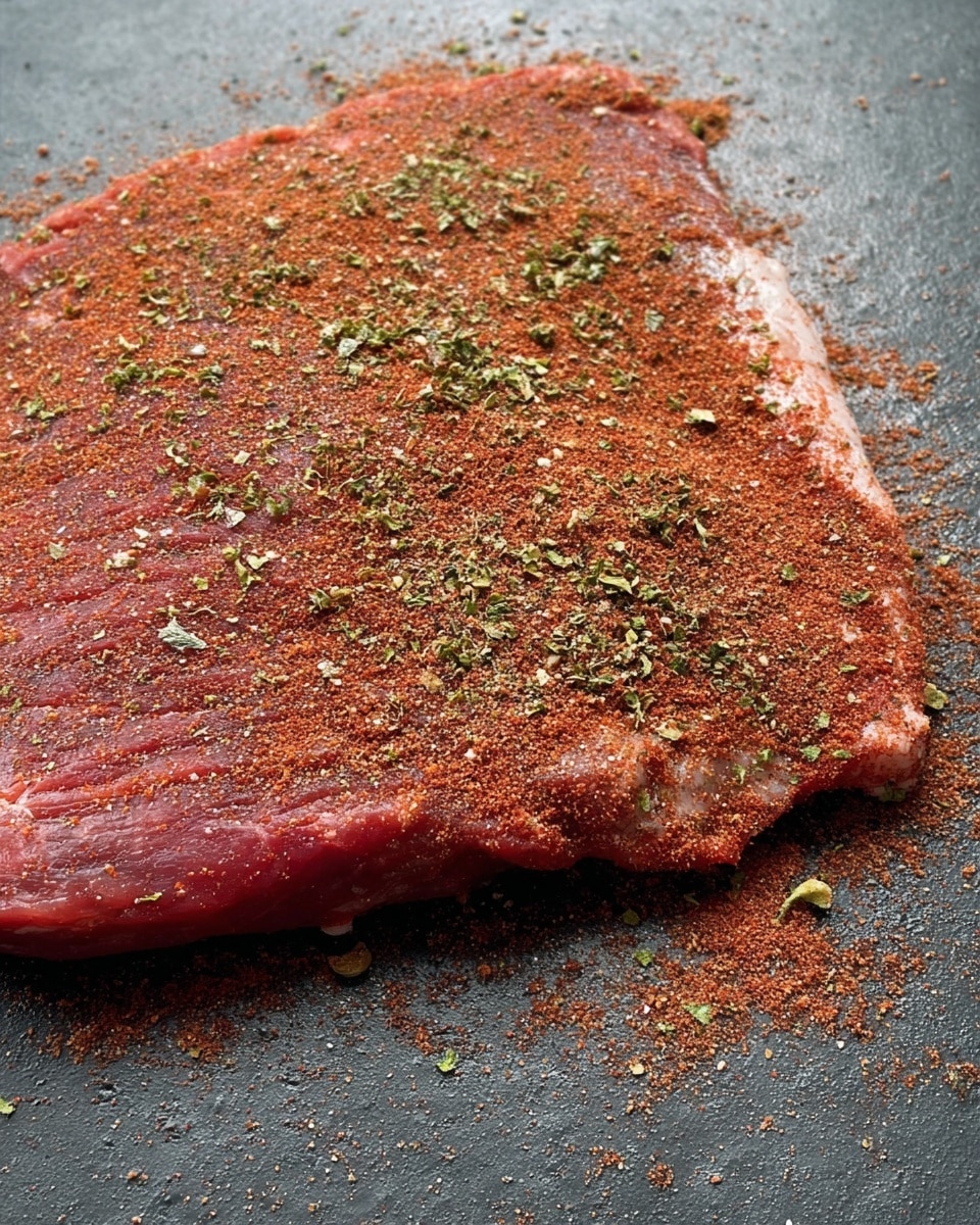 A raw, flat piece of red meat lies on a dark grey surface, covered evenly with a dry spice rub consisting of reddish-brown powder and green herb flakes. The meat shows some marbled white fat along one edge, and the spices spread slightly beyond the meat, resting on the textured surface beneath. The lighting highlights the meat’s texture and the dry nature of the spice layer. photo taken with an iphone --ar 4:5 --v 7