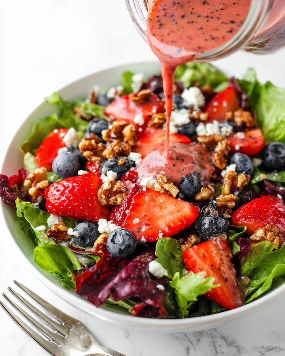 A fresh salad is shown in a white bowl on a white marbled surface. The salad has a base of green leafy lettuce with red-tinted leaves mixed in. On top, there are bright red sliced strawberries and whole dark blue blueberries scattered evenly across the salad. Golden brown candied walnuts are spread throughout, adding texture. Small bits of white cheese are sprinkled over the top. A pinkish-red dressing with black specks is being poured from a glass jar over the salad, covering some fruit, nuts, and leaves. A fork is placed next to the bowl. The photo was taken with an iphone --ar 4:5 --v 7