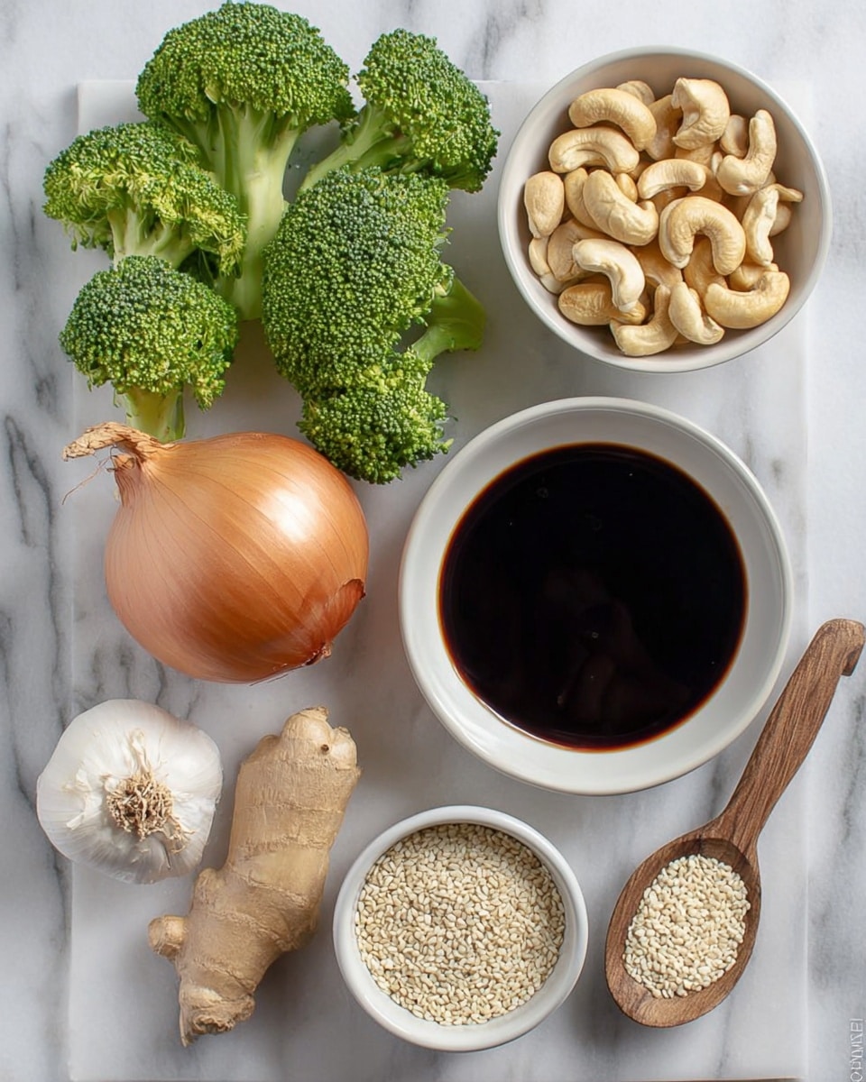 The image shows fresh cooking ingredients arranged on a white marbled surface: vibrant green broccoli florets on the top left, a whole brown onion at the bottom left, a bulb of garlic with one peeled clove next to it, a piece of light brown ginger root in the center, a white bowl filled with dark soy sauce on the right, a white bowl of light beige cashew nuts above the soy sauce, and a smaller white bowl filled with white sesame seeds with a small wooden spoon resting inside it near the bottom right. Photo taken with an iphone --ar 4:5 --v 7