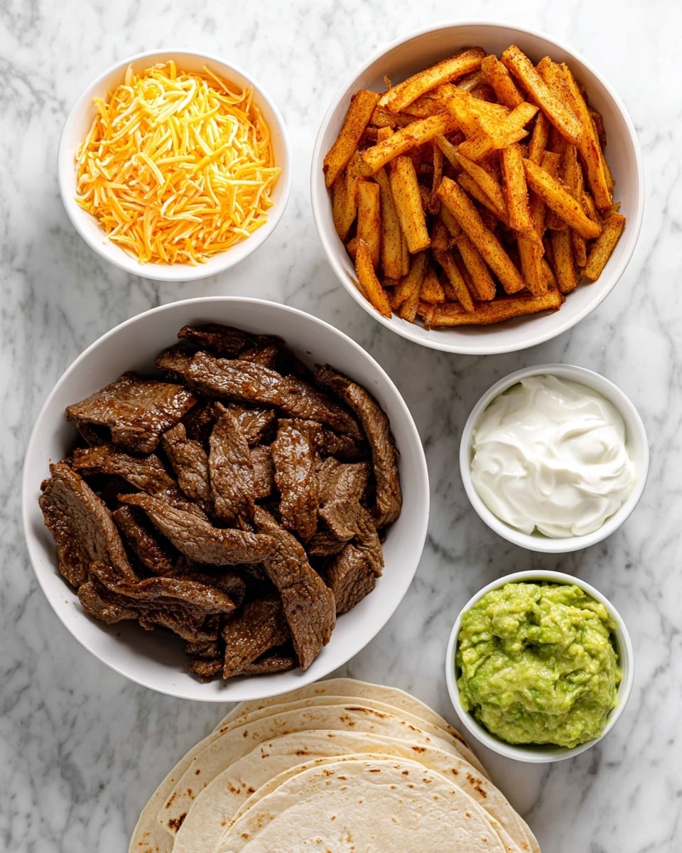 The image shows a white bowl filled with brown cooked steak strips, slightly shiny with seasoning visible. Next to it, there are three smaller white bowls with different toppings: one with bright orange shredded cheese, one with smooth white sour cream, and one with green guacamole. Another white bowl nearby holds crispy seasoned fries that are golden-brown. At the bottom left corner, there are light beige soft flour tortillas stacked on a white marbled surface. All bowls and tortillas are arranged neatly next to each other. Photo taken with an iphone --ar 4:5 --v 7