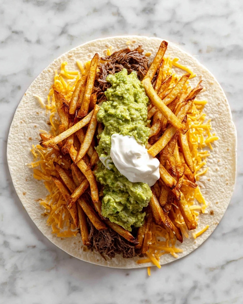 A white tortilla is opened flat on a white marbled surface with layers of yellow shredded cheese and dark brown cooked beef forming the bottom layer. On top of this is a pile of seasoned golden-brown French fries. Above the fries, there is a thick, uneven layer of green guacamole, followed by a dollop of smooth white sour cream placed near the center. The ingredients are stacked neatly in the middle of the tortilla, showing their color and texture clearly. Photo taken with an iphone --ar 4:5 --v 7