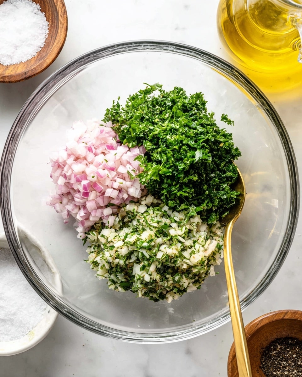A clear glass bowl sits on a white marbled surface, filled with four different layers of finely chopped ingredients. Starting from the top left, there is a light pink layer of chopped shallots next to a pile of vibrant green chopped parsley on the top right. Below the shallots is a pale green layer of minced garlic mixed with some darker herbs, and to the bottom right edge, more finely chopped green herbs are gathered. A gold spoon rests on the parsley, immersed in the layers. Around the bowl, a small white container with salt, a small wooden bowl filled with black pepper, and a clear jar of golden olive oil are visible. Photo taken with an iphone --ar 4:5 --v 7