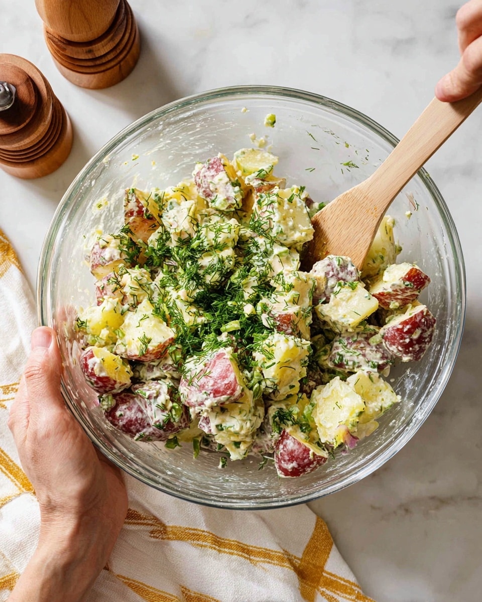 A clear glass bowl filled with potato salad showing three layers: the bottom layer has chunky pieces of red-skinned potatoes mixed with bits of celery in light cream dressing; the middle layer is sprinkled with finely chopped green herbs like dill and chives; a woman's left hand holds the bowl on the left side while a woman's right hand stirs the salad with a light beige wooden spatula on the right side, all placed on a white marbled surface with a wooden pepper grinder and a white and yellow striped cloth in the background photo taken with an iphone --ar 4:5 --v 7