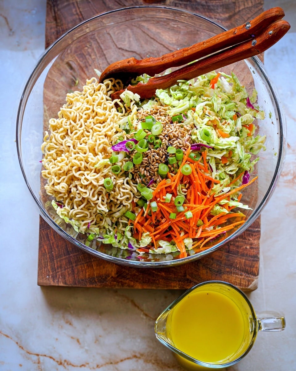A large clear glass bowl holds a salad with four visible layers: on the left, light beige broken dry ramen noodles with a curly texture; next to it, a mix of small brown sunflower seeds sprinkled over the noodles; to the right, thin, pale green shredded cabbage mixed with shredded orange carrots and bits of purple cabbage; all topped with bright green chopped scallions scattered throughout. Two wooden salad tongs with a rich orange-brown color rest inside the bowl. Below the bowl on a wooden surface sits a small clear glass pitcher filled with yellow salad dressing. The setting is on a white marbled texture surface. Photo taken with an iphone --ar 4:5 --v 7
