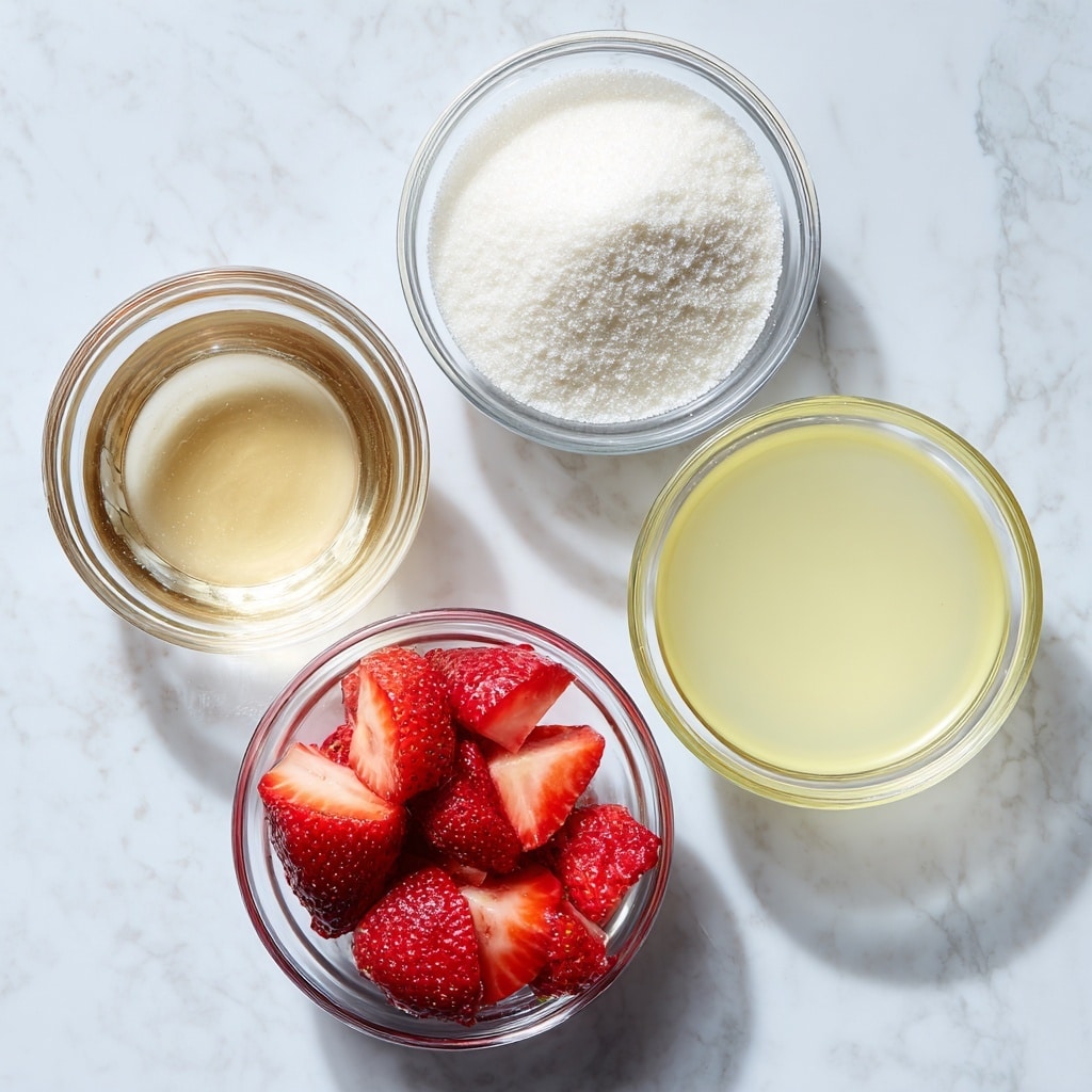The image shows a simple arrangement of four clear glass bowls on a white marbled surface. The top bowl contains a white powdery sugar, the middle left bowl has a light brown vanilla liquid, the middle right bowl holds a pale yellow lemon juice, and the bottom bowl is filled with halved, bright red strawberries that show a soft, juicy texture inside. Each bowl is labeled in bold black letters near it, identifying the contents clearly. photo taken with an iphone --ar 4:5 --v 7