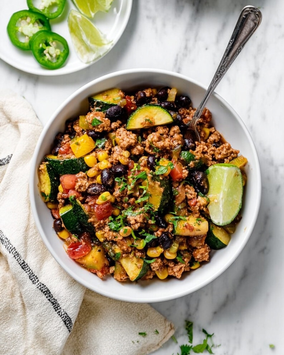 A white bowl filled with a colorful mix of cooked ground meat, black beans, and diced vegetables including green zucchini, yellow corn, and red tomatoes, all garnished with fresh green parsley. A silver fork is placed inside the bowl, partially lifting a piece of zucchini. On the side of the bowl, there is a wedge of lime. The bowl sits on a white marbled surface, next to a small white plate holding slices of green jalapeño and another lime wedge, beside a light beige cloth with black detailing. Photo taken with an iphone --ar 4:5 --v 7