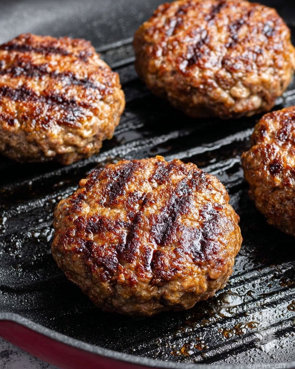 Four cooked burger patties with a brown, slightly crispy texture and grill marks sit on a black grill pan. The patties look juicy and have a rough, uneven surface showing the cooked ground meat texture. The grill pan has some spots of oil and droplets, giving a shiny, moist look on and around the patties. The whole image is close up, focusing on the meat and grill details with a white marbled texture surface under the pan. Photo taken with an iphone --ar 4:5 --v 7