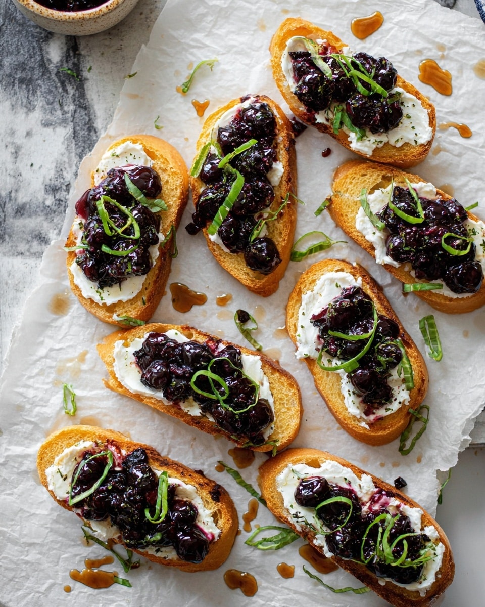 There are eight pieces of toasted bread with three layers each: the base is golden toasted bread slices, the middle layer is a thick spread of white creamy cheese, and the top layer is a dark purple blueberry compote with a glossy texture. Each piece is garnished with thin green basil strips scattered around and on top. The toasts rest on white parchment paper with drops of brown syrup around them, all placed on a white marbled surface. Photo taken with an iphone --ar 4:5 --v 7