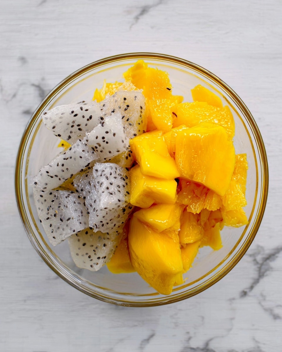 A clear glass bowl sits on a white marbled surface, holding two types of fruit layered side by side. On one side, there are translucent white pieces with small black seeds scattered throughout, showing a soft and slightly wet texture. On the other side, bright yellow-orange chunks with a smooth, slightly shiny surface are piled together. The bowl is seen from above, showing the contrast between the pale seeded fruit and the rich yellow pieces. photo taken with an iphone --ar 4:5 --v 7
