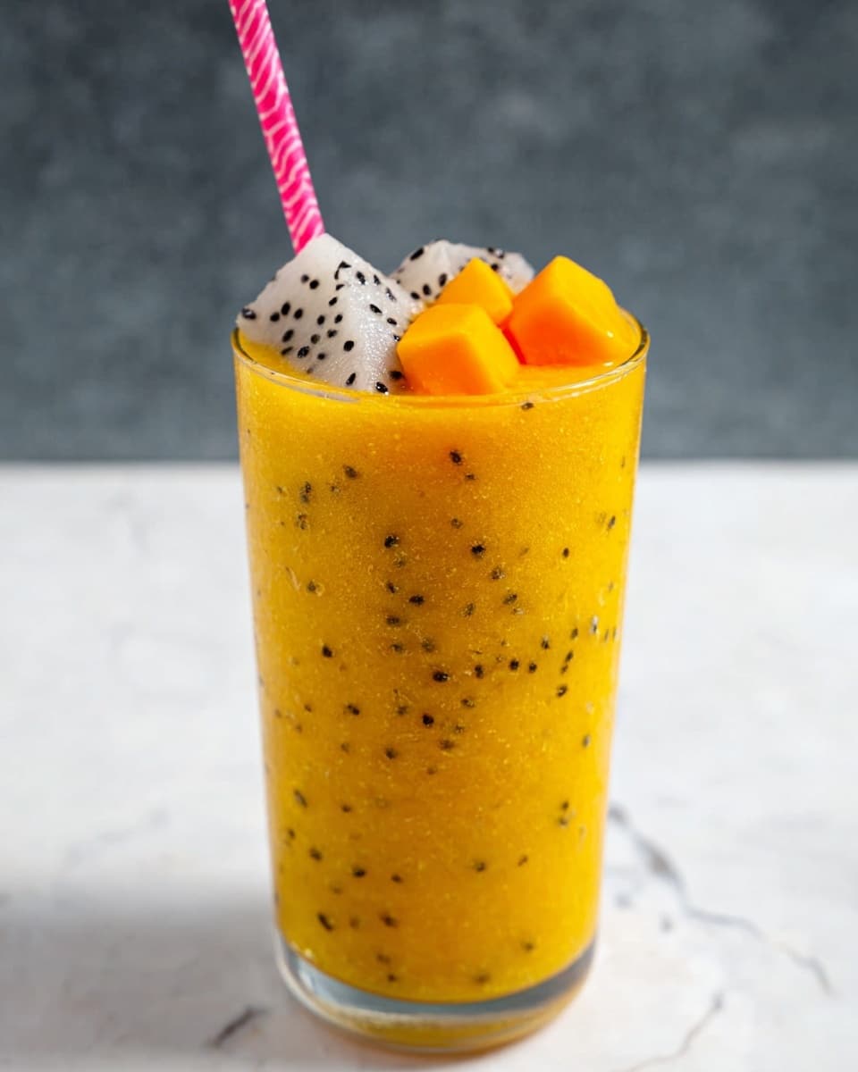A tall clear glass filled with a thick, orange-yellow smoothie that has small black seeds visible throughout. On top of the smoothie are two pieces of white dragon fruit with black seeds and three small bright orange mango chunks placed neatly. A pink and white striped straw is lifted slightly from the center of the smoothie. The glass is placed on a white marbled surface with a soft background that keeps the focus on the drink. photo taken with an iphone --ar 4:5 --v 7