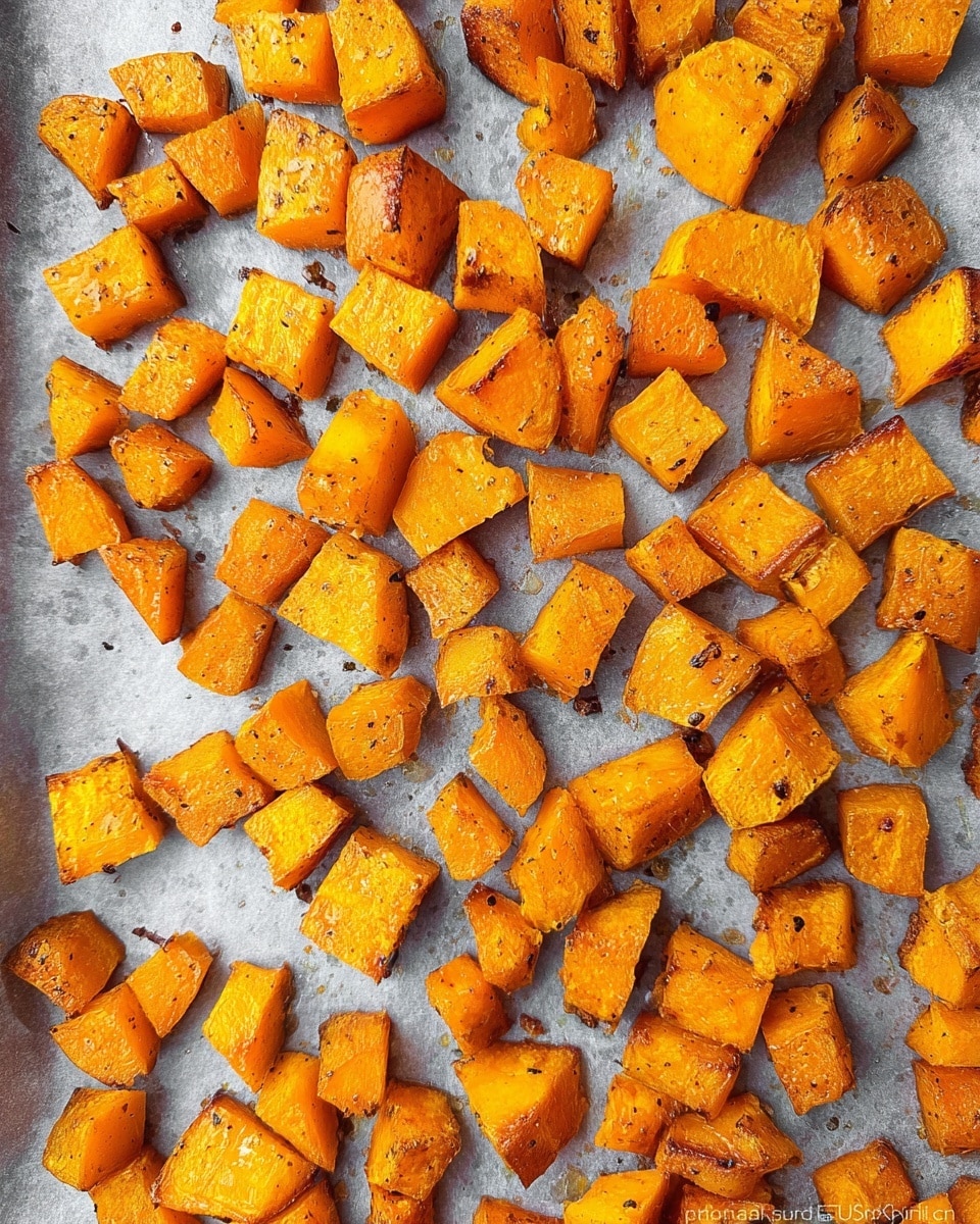 The image shows many pieces of roasted orange squash spread out evenly on a flat baking tray with parchment paper underneath. Each piece is cut into irregular small chunks with slightly browned edges, giving a roasted texture. The pieces are bright orange with some darker spots from roasting, showing a tender inside and crisp outside. The tray covers the whole view with the squash pieces spaced apart to show the parchment paper's light gray texture. photo taken with an iphone --ar 4:5 --v 7
