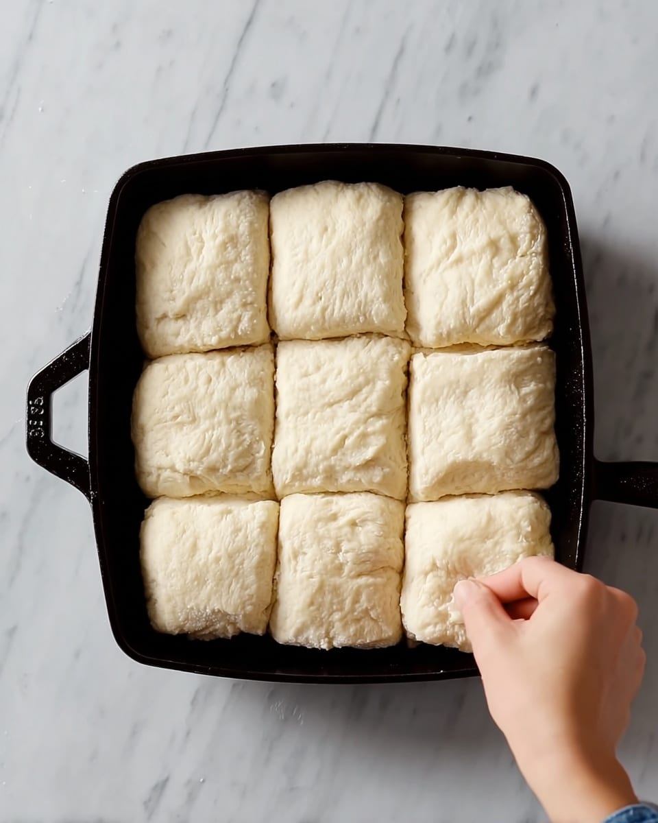 A black cast iron pan holds twelve pieces of dough arranged in a 3 by 4 grid. Each piece is square with a soft, pale, and slightly uneven texture, showing gentle folds. The dough pieces fill the pan completely and have a light cream color. A woman's hand is reaching from the bottom right corner, gently touching one piece of dough. The pan is set on a white marbled surface. photo taken with an iphone --ar 4:5 --v 7