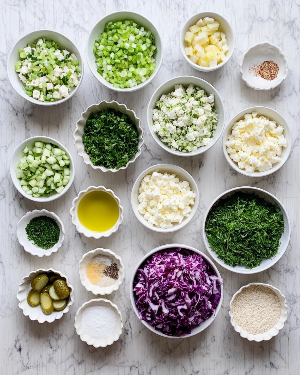 The image shows many small white bowls and one white measuring cup arranged neatly on a white marbled surface. Each bowl contains different chopped or whole ingredients: finely chopped green onions, white cheese crumbles, diced cucumbers, torn bread pieces, chopped parsley, chopped lettuce, chopped fresh herbs like dill and cilantro, cauliflower rice, chopped red cabbage, small pickles, and creamy white yogurt. There are also small bowls with yellow oil, light yellow liquid, and various white and beige powders and spices. All the bowls are white, with different shapes like round and scalloped, showing a variety of green, white, purple, and light brown colors. photo taken with an iphone --ar 4:5 --v 7