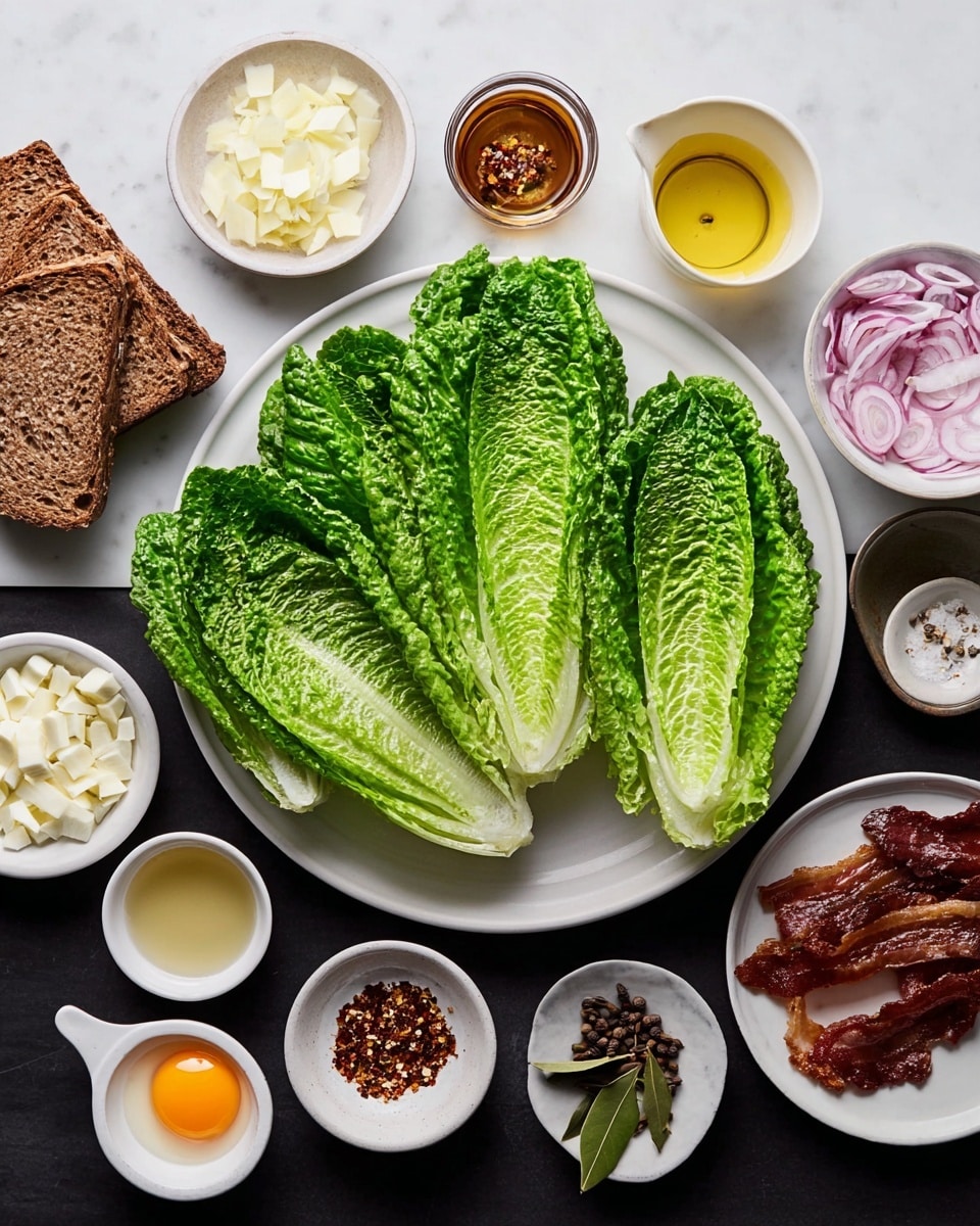 A white plate in the center holds five large fresh green romaine lettuce leaves with crisp textures and light green to deep green color shades. Surrounding the plate are small white bowls and plates each holding single ingredients: chopped white garlic, clear yellowish oil, dark brown liquid, small red chili flakes, black pepper, coarse white salt, thinly sliced red onion rings in a white bowl, light yellow thin cheese slices in another white bowl, two slices of dark brown bread on a white plate, a raw egg yolk in a small ceramic dish, and small pieces of crispy bacon in a small white bowl. There are a few spices like bay leaves, whole cloves, and allspice berries arranged on a small white plate. The whole setting is displayed on a white marbled texture surface. photo taken with an iphone --ar 4:5 --v 7
