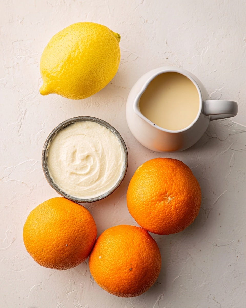 The image shows a white marbled surface with a small white ceramic pitcher filled with a smooth light beige sauce placed near the top right. To the top left, there is a whole yellow lemon with a textured rind. Below the lemon, a round metal container holds a thick, white, slightly textured cream or paste. At the bottom part of the image, three bright orange fruits with a rough peel are arranged, their vibrant color contrasting with the light background. The scene is simple and clean with a natural, fresh feel. photo taken with an iphone --ar 4:5 --v 7