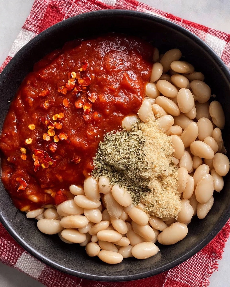 A black bowl filled with three main layers: on the bottom, a layer of white beans that are plump and smooth, covering most of the bowl; on the right side above the beans, a thick layer of deep red sauce with a glossy texture, sprinkled with small flakes of red chili; and in the bottom center, a small pile of light beige powder mixed with green herbs, contrasting against the beans and sauce. The bowl is placed on a red and white checked cloth with a white marbled texture surface visible at the edges photo taken with an iphone --ar 4:5 --v 7