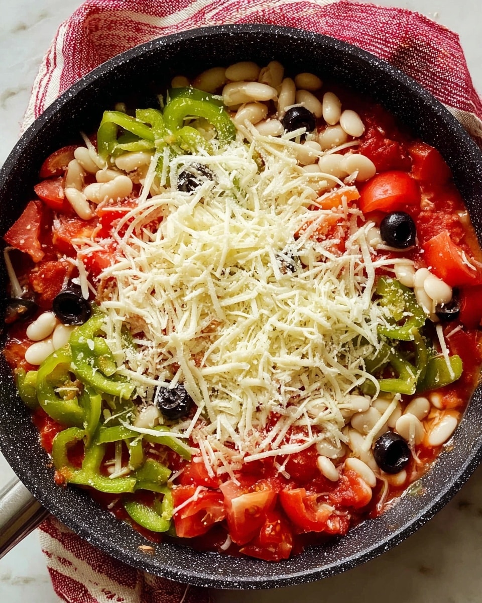 A round black pan sits on a white marbled surface with a red and white cloth underneath. Inside the pan, the first layer is a red tomato sauce spread evenly at the bottom. On top of the sauce is a mix of white beans scattered mostly to one side. The third layer includes sliced fresh vegetables: bright green bell pepper pieces, red tomato slices, and black olive rings, spread evenly around the pan. Over the vegetables, there is a generous amount of shredded white mozzarella cheese and a light dusting of fine grated parmesan cheese covering the whole dish. The textures range from the smooth sauce to the soft cheese and firm vegetables. photo taken with an iphone --ar 4:5 --v 7