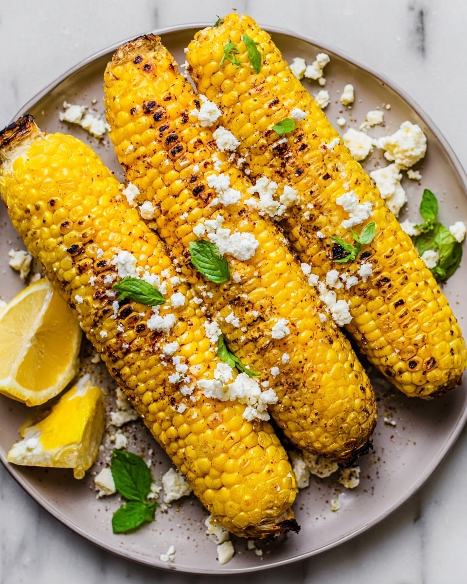 Three bright yellow grilled corn cobs are placed on a white plate. The corn kernels show light charring with scattered black spice bits all over. White crumbled cheese pieces are sprinkled on and around the corn. Small green herb leaves add fresh color, and two lemon wedges with pale yellow flesh sit on the side. The plate rests on a white marbled surface. Photo taken with an iphone --ar 4:5 --v 7
