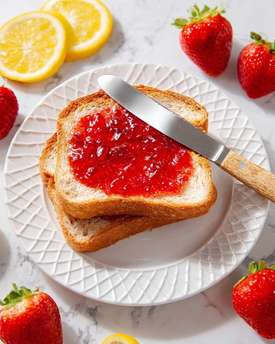 The image shows two slices of toasted bread stacked on a white plate with a diamond pattern. The top slice is spread with bright red strawberry jam that has a shiny, slightly chunky texture. A metal butter knife with a wooden handle rests on the jam-covered slice. Around the plate, there are fresh whole strawberries with green leaves and two lemon wedges placed on a white marbled surface. The photo taken with an iphone --ar 4:5 --v 7