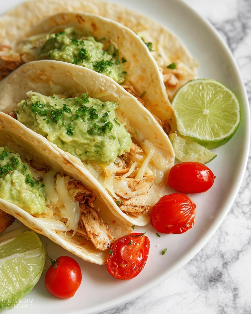 The image shows a close-up of three soft tacos laid on a white plate over a white marbled surface. Each taco has a light beige soft tortilla folded over a filling of brown grilled chicken and melted light yellow cheese. On top of one taco is a dollop of green guacamole with a slightly chunky texture and some small green herb pieces sprinkled over everything. Two thin lime slices with a bright green outer peel and pale green inside rest on the plate near the middle taco. Several small bright red cherry tomato halves are scattered around the tacos. Photo taken with an iphone --ar 4:5 --v 7