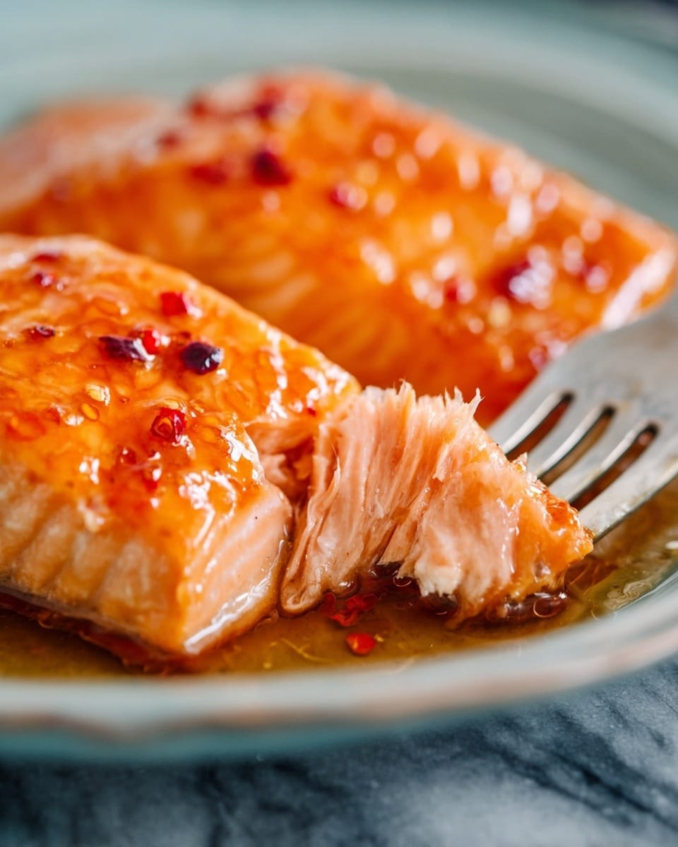 Two pieces of cooked salmon with a shiny orange glaze sit on a white plate. The top layer is moist and bright orange with some red pepper flakes. One piece is being held by a fork, showing the inside of the salmon, which is light pink and flaky. The white marbled background is blurred, drawing focus to the salmon. photo taken with an iphone --ar 4:5 --v 7