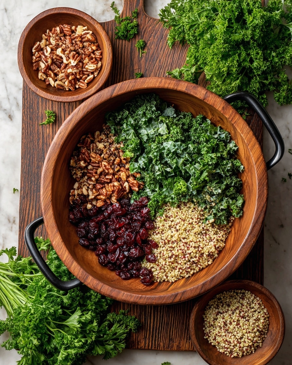 A large wooden bowl with two black handles holds a salad with four distinct layers placed side by side: at the top right, dark green curly kale; below it, small chopped brown nuts; to the left of the nuts, light beige and reddish quinoa; and above the quinoa, dark red dried cranberries. Surrounding the bowl are small wooden bowls filled with more quinoa, chopped nuts, and kale, along with bunches of fresh parsley on a white marbled surface photo taken with an iphone --ar 4:5 --v 7
