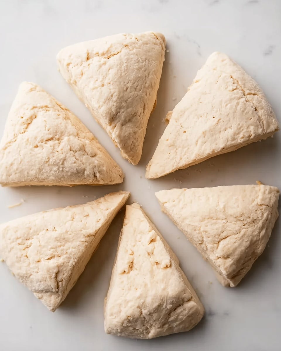 Eight triangular dough pieces are arranged in a circle on a white marbled surface, with their wide bases facing outward and pointed ends meeting in the center. Each piece has a pale beige color with a slightly rough and uneven texture, showing small cracks and creases on the surface. The dough looks soft and thick, with a few darker spots scattered lightly across. The overall shape is consistent, and the pieces are placed close but not touching each other. photo taken with an iphone --ar 4:5 --v 7