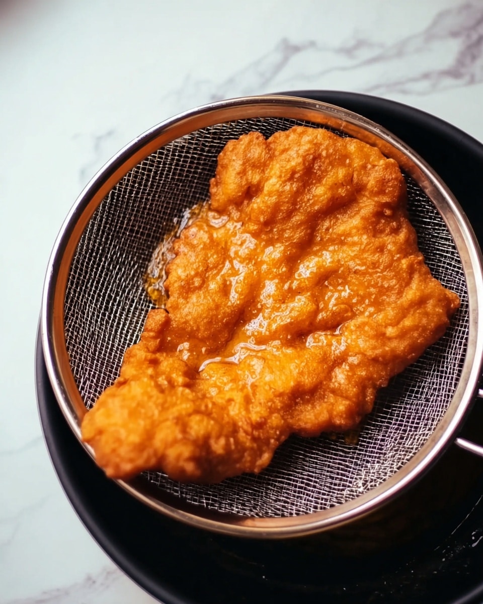 A large piece of golden-brown fried food with a shiny, crispy texture sits on a round metal strainer inside a black container. The fried item has uneven edges and a rough surface that reflects light, showing a mixture of darker and lighter orange shades. There is some oil visible on the surface of the fried piece, giving it a wet look. The background has a white marbled texture. photo taken with an iphone --ar 4:5 --v 7