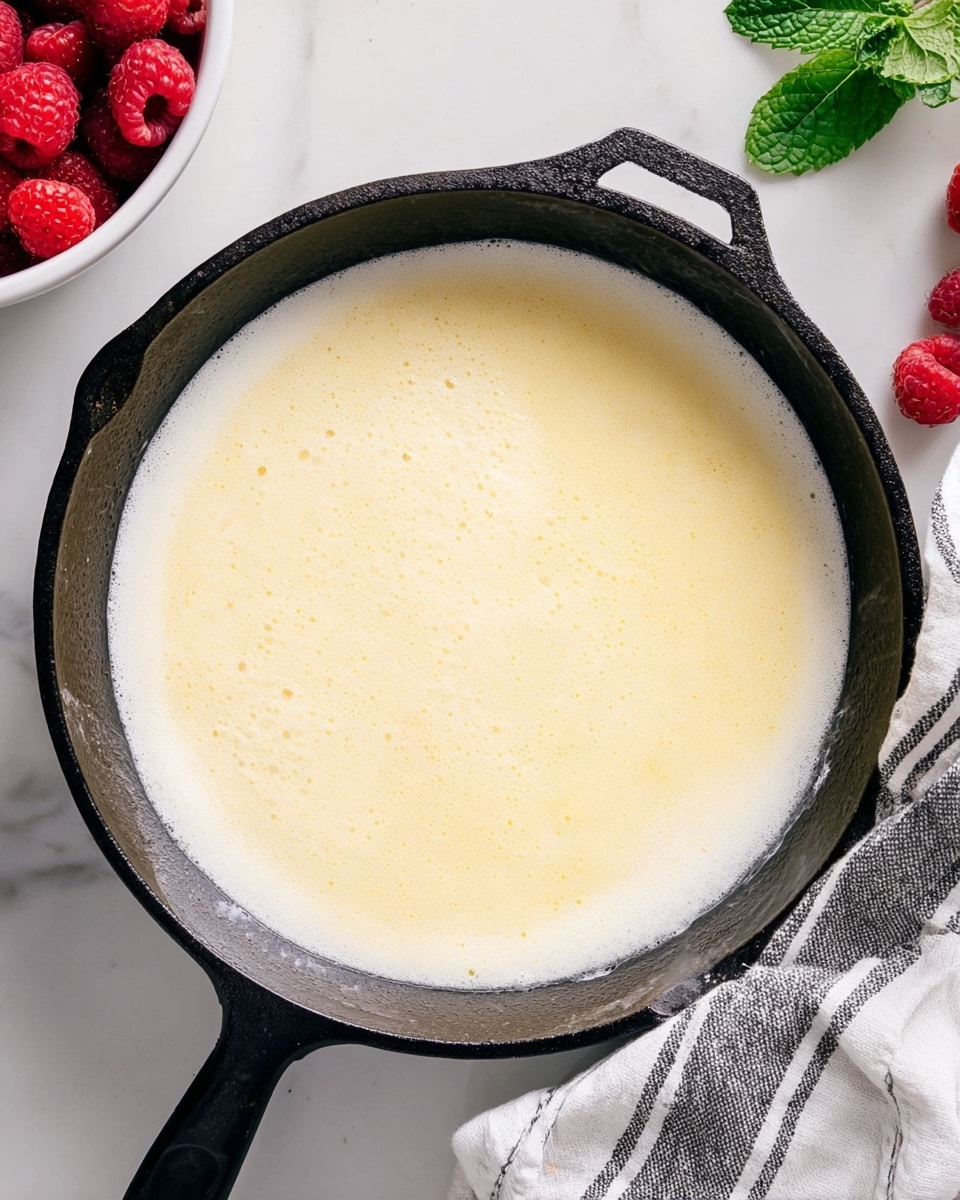 A close-up view of a black cast iron pan filled with two visible liquid layers: a thicker, smooth, yellow layer on the bottom and a lighter, foamy, pale cream layer floating on top. The pan rests on a white marbled surface. To the left, there is a white bowl holding red raspberries and green mint leaves, while the top right shows a folded grey cloth with white stripes. Photo taken with an iphone --ar 4:5 --v 7