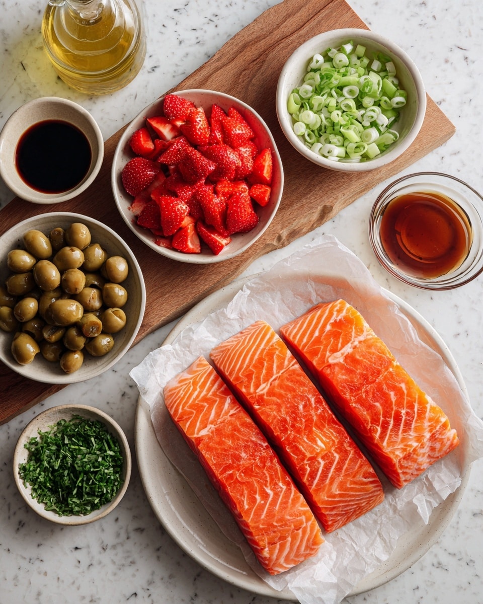 The image shows a flat lay of ingredients on a white marbled surface. At the bottom, four thick, fresh salmon fillets with bright orange color and visible white fat lines lie on a piece of parchment paper atop a white plate. Above the salmon, a wooden board holds five small round bowls. The top left bowl contains a dark brown liquid labeled soy sauce. Next to it on the right is a bowl full of vibrant red chopped strawberries. Below the strawberries, a bowl contains finely sliced green scallions. To the left of scallions is a bowl filled with sliced green olives showing their pits. Below the olives is a small bowl of finely chopped fresh green herbs on a white plate. On the far left side of the wooden board is a small, clear glass bottle of golden olive oil. To the right side, partially visible, is a white bowl filled with a brown liquid labeled vinegar. Everything is arranged neatly, showing fresh ingredients meant for a recipe photo taken with an iphone --ar 4:5 --v 7