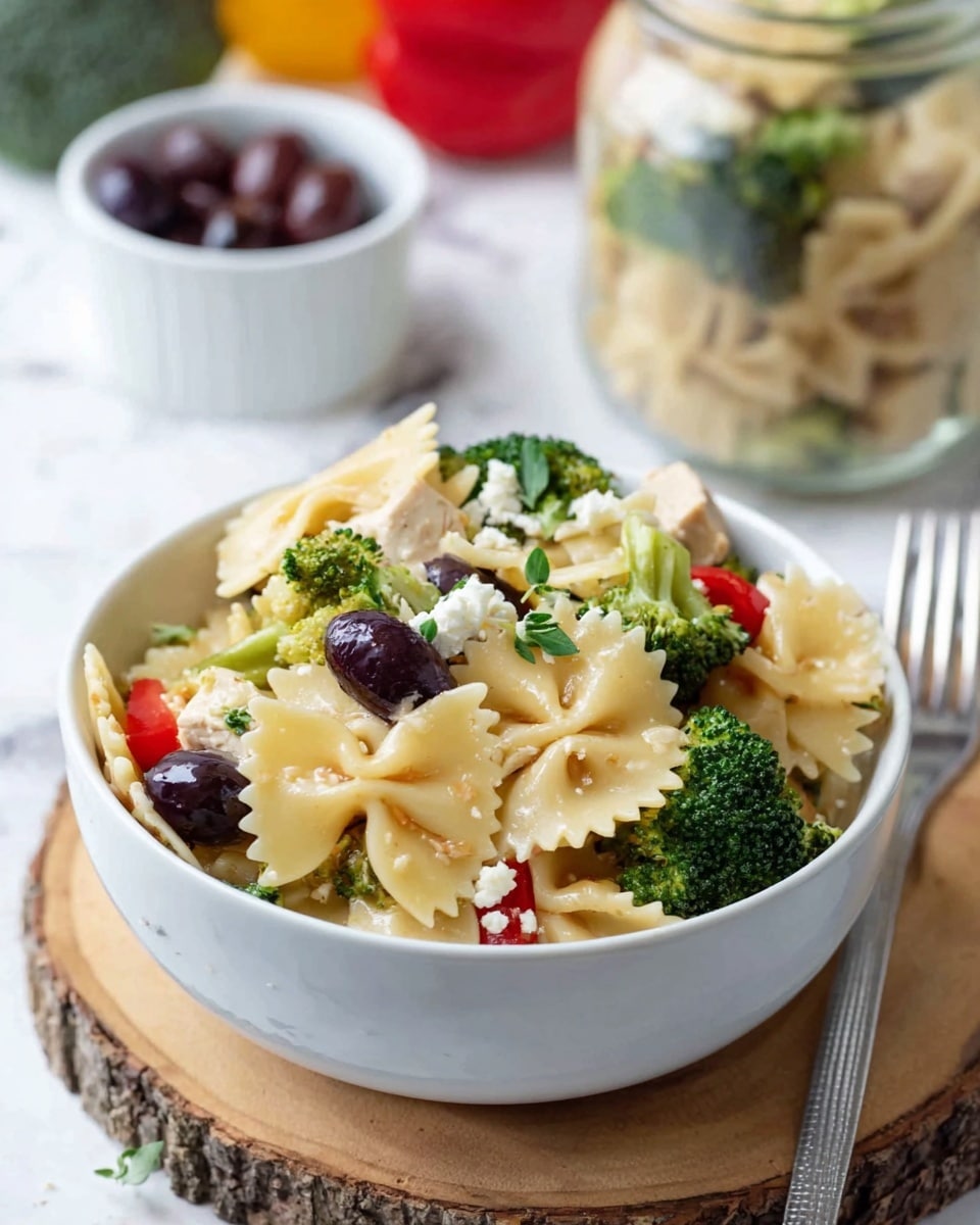 A clear glass bowl filled with a mixed pasta salad showing three main layers: the bottom layer is light tan farfalle pasta, the middle layer has chunks of light beige cooked chicken mixed with dark purple olives and white feta cheese bits, and the top layer shows bright green broccoli florets, small pieces of red bell pepper, and fresh green herbs scattered around. The bowl is placed on a white marbled surface with some uncooked pasta pieces scattered nearby, and in the background, there are blurred green plants and vegetables. Photo taken with an iphone --ar 4:5 --v 7