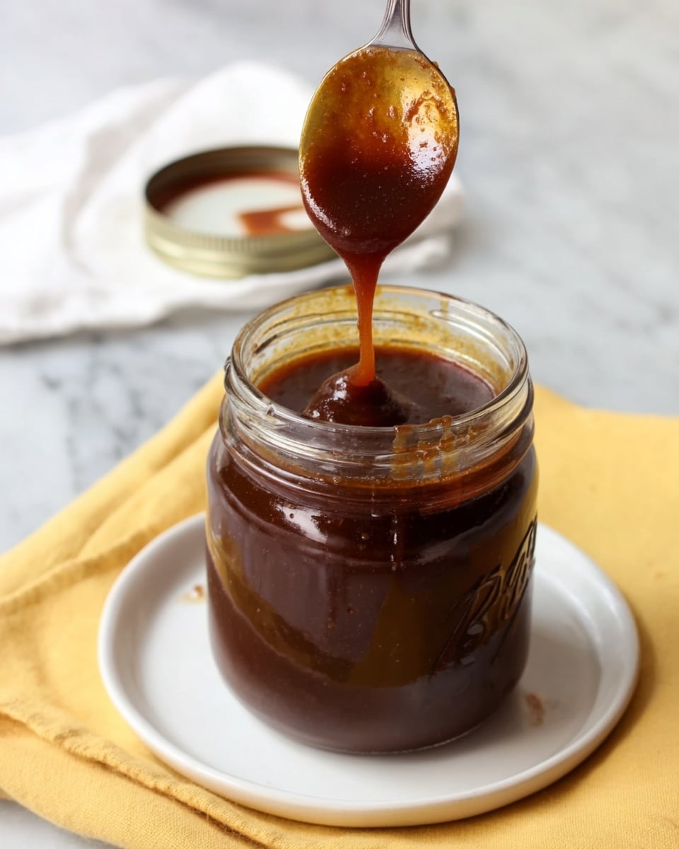 A glass jar filled with thick dark brown sauce sits on a white plate, which is placed on a yellow cloth over a white marbled surface. A silver spoon above the jar holds and drips the rich sauce back into the jar, showing the sauce's smooth and glossy texture. The jar is open and the lid lies blurred in the background, with a small sauce stain visible on a white napkin behind the jar. Photo taken with an iphone --ar 4:5 --v 7