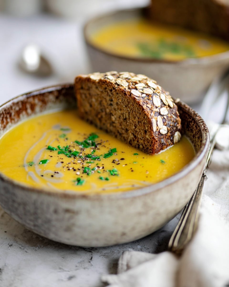 A close-up view of a thick smooth yellow soup served in a rustic stoneware bowl, topped with small chopped green herbs and black pepper scattered on the surface. A large piece of brown bread with oats on its crust is placed standing partially inside the soup on the bowl's edge. In the softly blurred background, another bowl with the same soup and a spoon is slightly visible, all set on a white marbled surface with a soft cloth at the bottom right corner. photo taken with an iphone --ar 4:5 --v 7